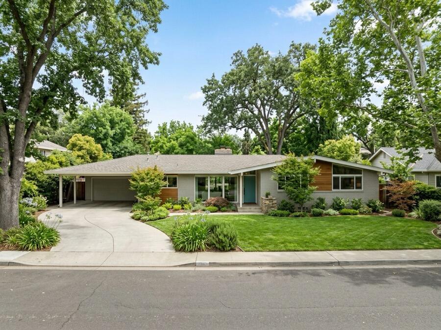 Single-story ranch home with a carport and mature shade trees