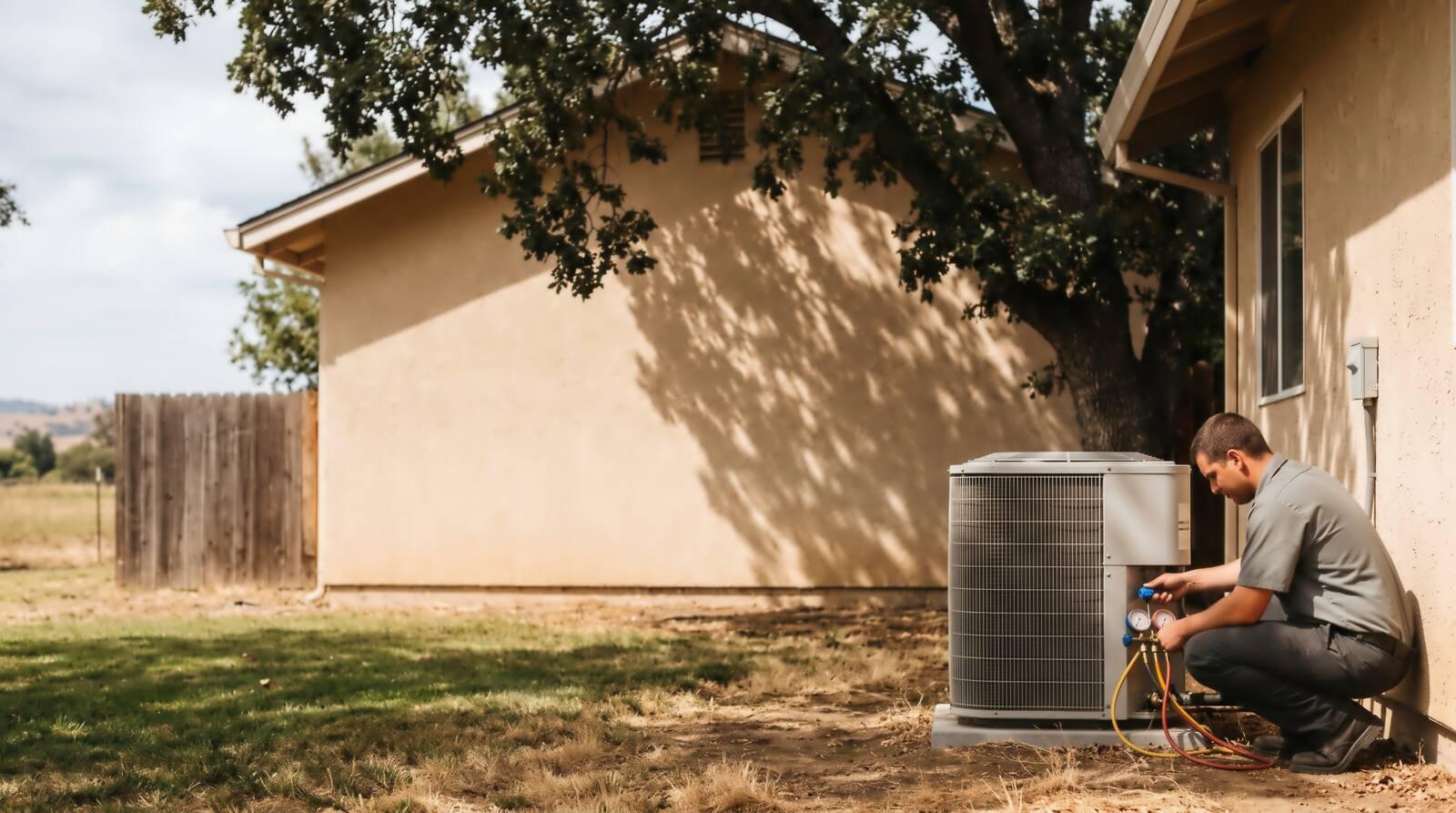 Technician connecting refrigerant gauges to an outdoor AC condenser beside a stucco house in oak shade