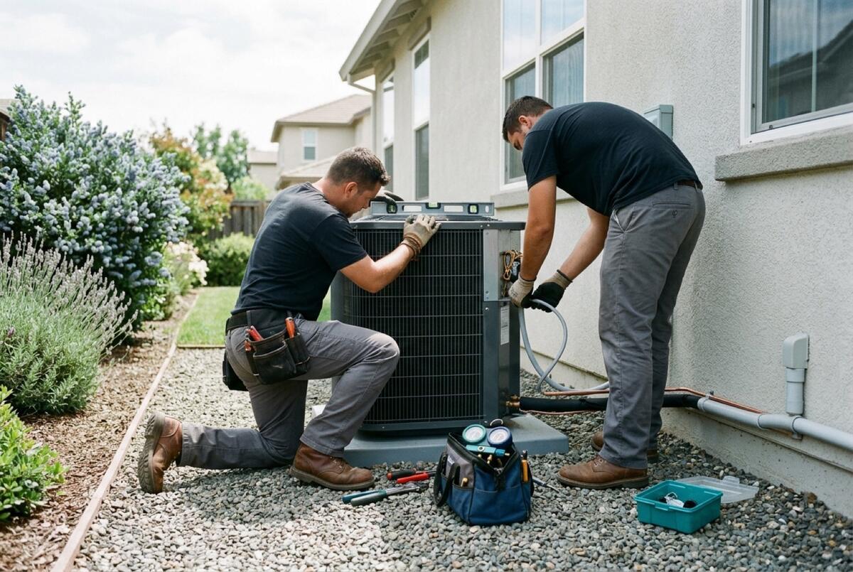 Two technicians setting an outdoor HVAC unit level in a side yard