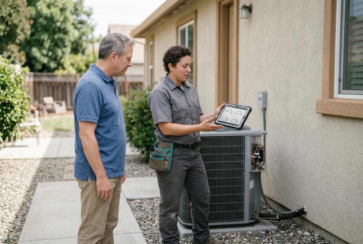 Technician showing a homeowner a tablet beside an outdoor unit